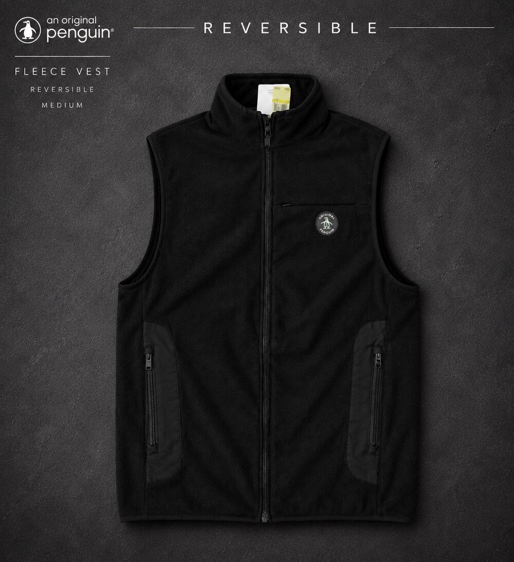 Original Penguin Black REVERSIBLE Fleece Vest Med NWT Full Zip Caviar